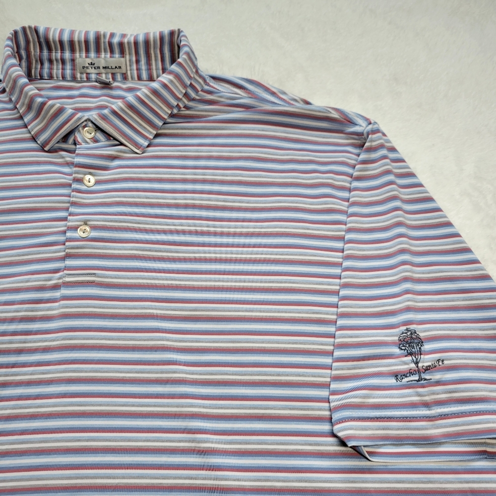 Peter Millar Polo Shirt Men's 2XL Golf Preformance Red White Blue Striped